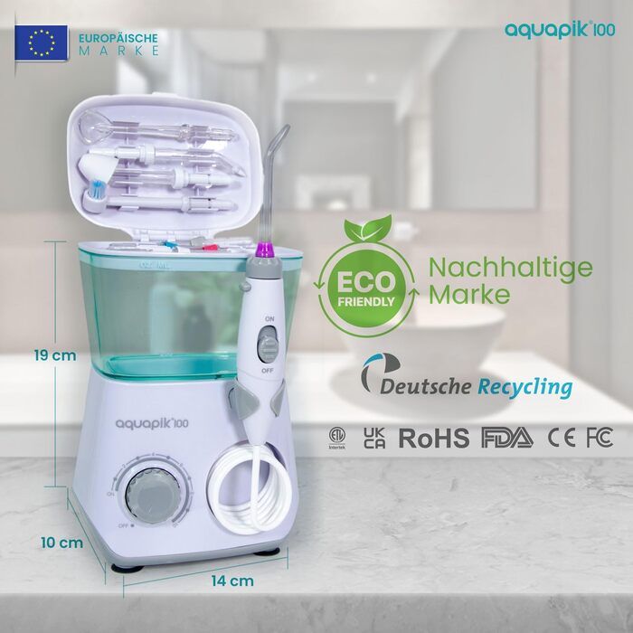 Іригатор для порожнини рота Munddusche Aquapik 100 – рекомендований стоматологами пристрій для видалення нальоту з 8 насадками, 10 рівнями тиску, баком 600 мл, поворотним 360° наконечником, шлангом 100 см, ідеальний для імплантів та ортодонтії, білий