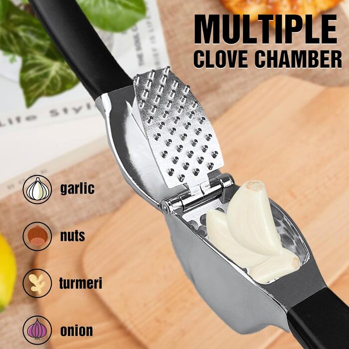 Прес для часнику з нержавіючої сталі - багатофункціональний прес для часнику з силіконовим очищувачем та щіткою для чищення. Прес для часнику, придатний для миття в посудомийній машині. Чорний + срібний
