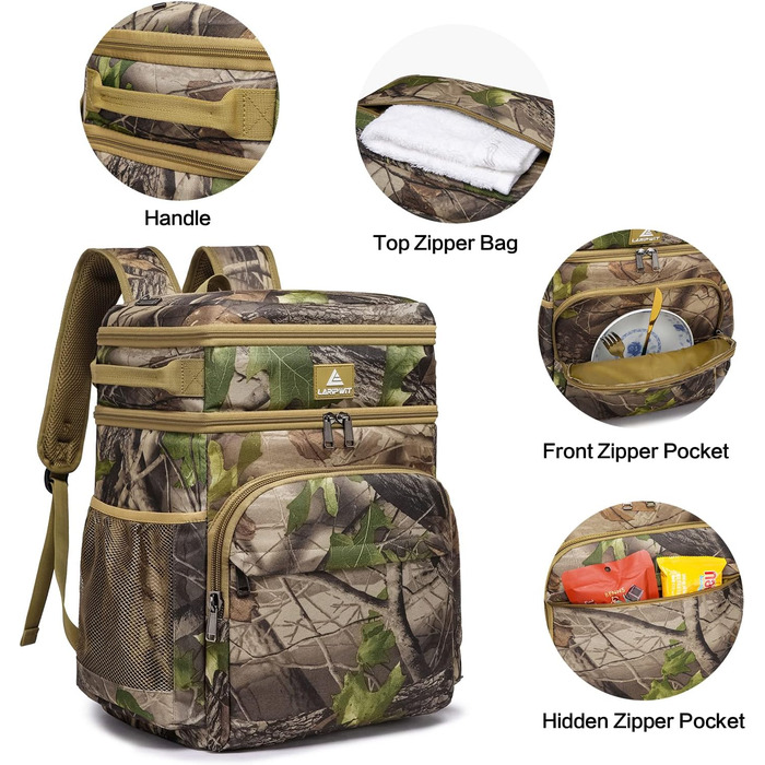 Рюкзак-холодильник Laripwit 54 літри з термоізоляцією для пікніків, подорожей та кемпінгу (33л, камуфляж)