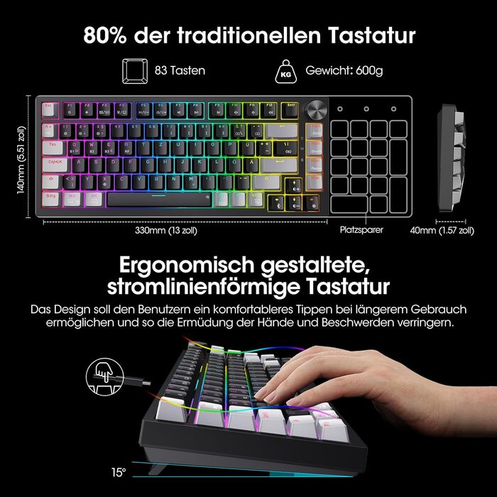 KOORUI Механічна ігрова клавіатура QWERTZ з RGB-підсвічуванням (104/82 клавіші) для Windows/MacOS/Linux