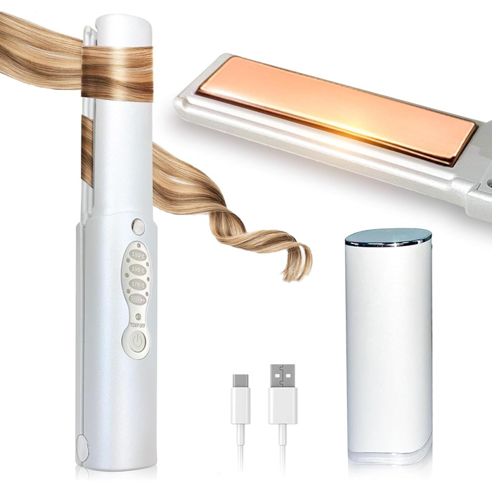 Бездротовий випрямляч для волосся з акумулятором 5000mAh, титанове покриття, 2 в 1 (випрямляч та локони), міні, для подорожей, 3 температурні режими, швидкий нагрів, для всіх типів волосся (білий)