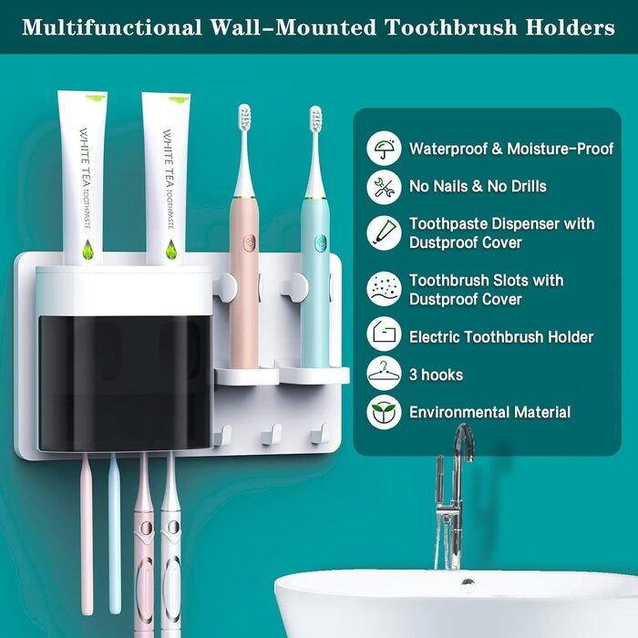 Automatic Toothpaste Dispenser, DENSAIL Toothbrush Holder for Wall Mounting with Dust-Proof Cover and 2 Toothpaste Dispensers, 2 Electric Toothbrush Holders, and 4 Toothbrush Organizer Slots