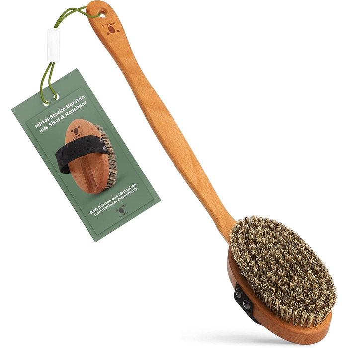 Premium Bath Brush/Body Brush – FSC certified, natural bristles (sisal & horsehair) & cord – body brush with long handle for back, dry & wet brush – 100% Made in Germany