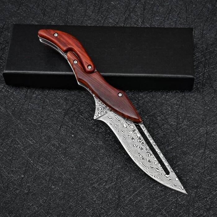 VG10 Damascus Steel Pocket Knife Folding Knife for Men EDC Camping Outdoor (Scandi Grind) (SD604C)