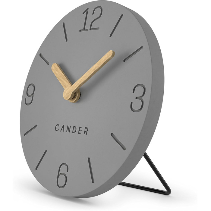 Cander Berlin MNU 2615 H Gray Table Clock, battery-powered, silent (no ticking), vintage, analog, modern, wood hands, MDF, 15 cm