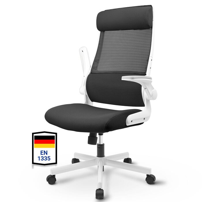 Ергономічне крісло для офісу з регульованою підголівником, крісло для робочого столу з сітки, відкидні підлокітники, широке сидіння, функція гойдання, комп'ютерне крісло EN 1335, офісне крісло 200 кг (чорно-біле)