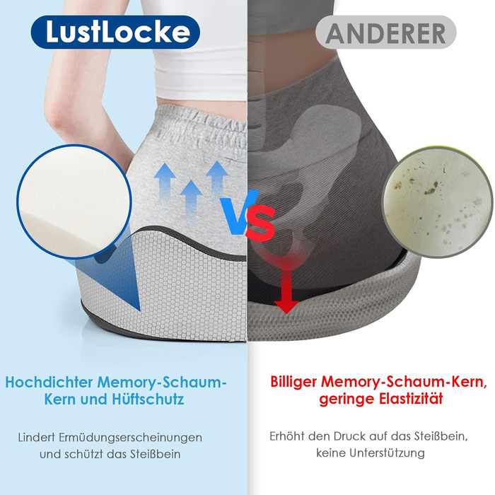 Ортопедична подушка для сидіння LustLocke з піною Memory Foam, для полегшення болю в куприку, геморої, для автомобіля, дивана, офісу та інвалідного візка, сірого кольору
