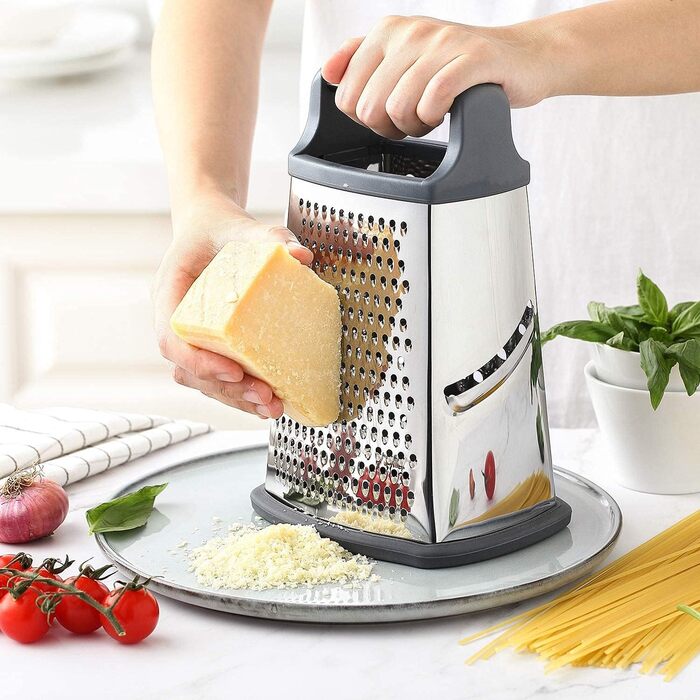 Нержавійна тертка з 4 сторонами для кухні: грубе та дрібне тертя, для овочів, фруктів, сиру, придатна для миття в посудомийній машині (чорний)