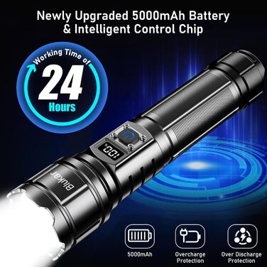 Ліхтар LED Blukar, перезаряжається, надзвичайно яскравий, з регулюванням фокусу, 5 режимів, водонепроникний IP67, для кемпінгу та активного відпочинку, чорний