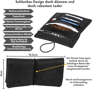 SIMARU Leather Tobacco Pouch for 30g Tobacco Bag, Roller Pouch Made of Genuine Leather with Filter Compartment & Rolling Paper Holder (Black)