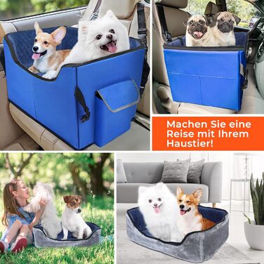 Stable Multi-Pet Car Seat Booster with Safety Belt for Medium Dogs - Washable & Reinforced Dog Basket for Rear Seat (Blue, M)