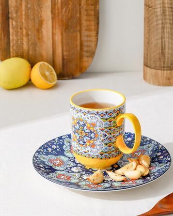 HENXFEN Ceramic Coffee Mugs, 410ml Coffee Cups Set with Handle, Porcelain Mugs for Tea Coffee Milk Cappuccino, Colorful, 6-Pack - Bohemian Style