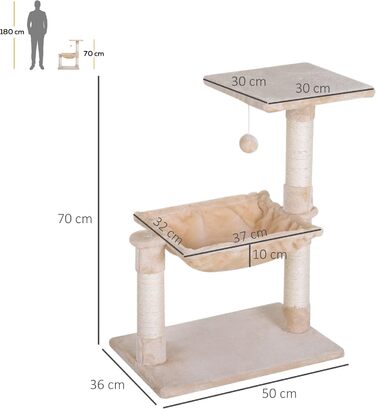 Кліматичний комплекс для котів PawHut з сизалевою колоною, гамаком та покриттям з плюшу, 50 x 36 x 70 см, бежевий