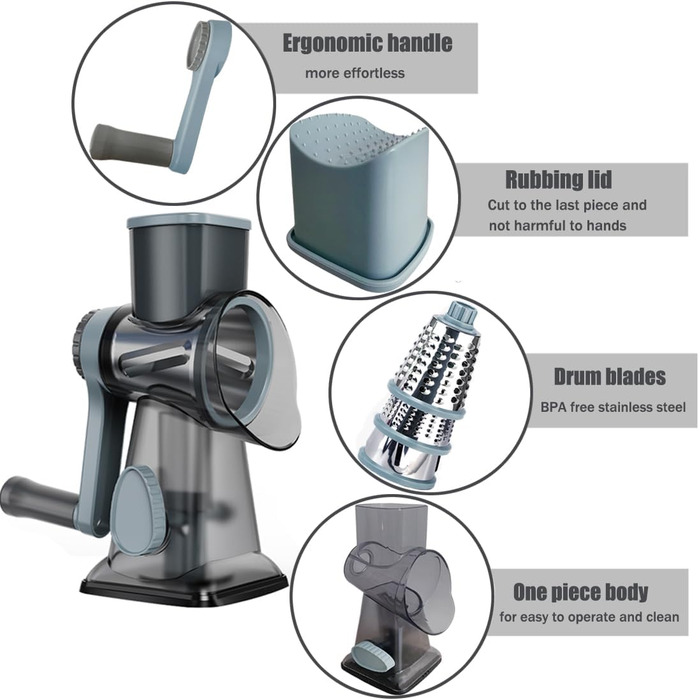 Ручна тертка для сиру та овочів з ручкою: набір з 3 змінні леза з нержавіючої сталі, сива/аква