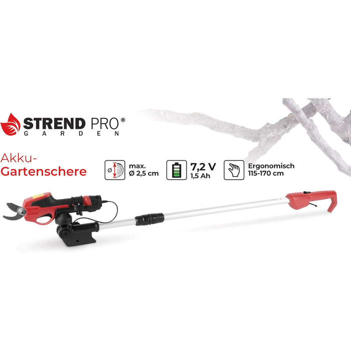 STREND PRO Battery-Powered Electric Pruning Shears Telescopic | for easy garden and tree pruning | max. 22mm, 170cm long telescopic handle geared pruning shears | 1 x 7.2V battery included | cordless shears, tree shears