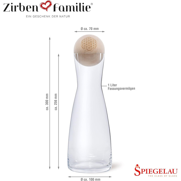 Zirben Familie® The Original ZirbenKugel Set Water Carafe | Imparts a special touch to your water | 1 Liter SPIEGELAU carafe made of crystal glass with a Swiss stone pine wood lid | Flower of Life Edition