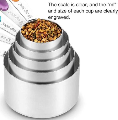 10-Piece Measuring Cup and Spoon Set, Stainless Steel Measuring Spoon Set with Silicone Handle and Scale, Measuring Cup Spoon Set in Various Sizes, for Home (16.5oz-Color)