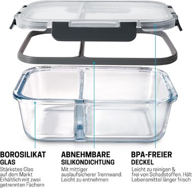 Набір контейнерів для їжі Igluu Meal Prep (3 шт.) – 980 мл, з боросилікатного скла, з 3 відділеннями, BPA-free, для мікрохвильовки, духовки, морозильника, посудомийної машини, витікання неможливе