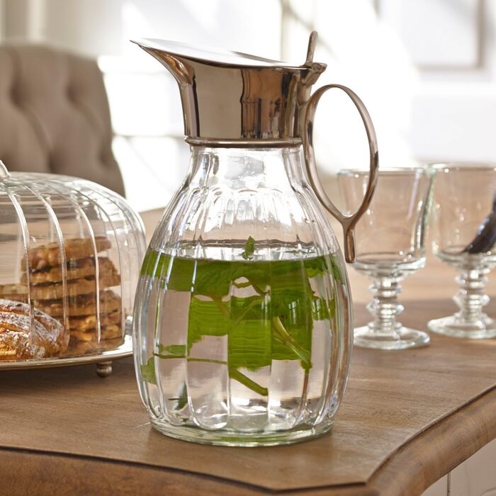 LOBERON Krug Agudelle, Subtle relief detailing, Artfully shaped handle, Elegant design, Capacity approximately 1.5 liters, Carafe, Table accessory, Glass, Brass, clear/silver