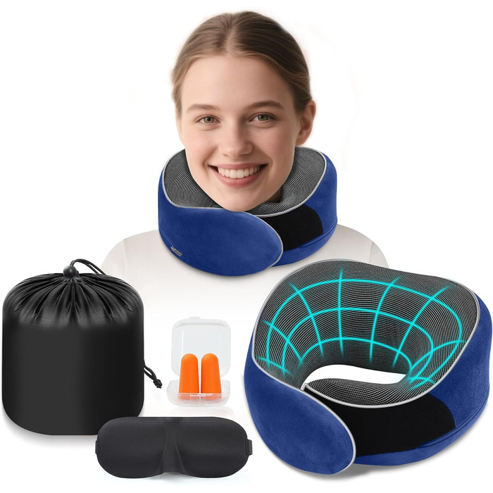 Подушка для шиї у літак, подушка для подорожей Memory Foam, подушка-вовчок для дорослих, ергономічна підтримка шиї з 3D-маскою для сну, навушниками, сумкою - ідеально для літака, авто, дому, офісу, блакитна подушка для сну