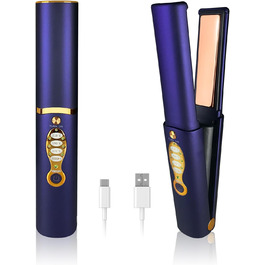 Бездротове праска для волосся з акумулятором 5000mAh, титанова поверхня, 2-в-1 (випрямляч та локони), міні, для подорожей, 3 температурні режими, швидкий нагрів, для всіх типів волосся (білий, блакитний)