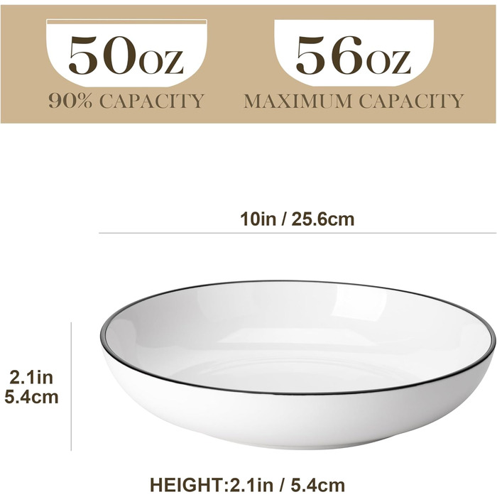 MALACASA Набір посуду 6 шт. з порцеляни: тарілки для пасти, супу, салату, сервірування. Білий з чорним обідком, 1250 мл