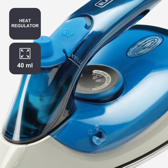 Праска з парою Black+Decker Blau BXIR2200E, 2200 Вт, пластик, 370 мл, 1000 Вт, 120 г/хв