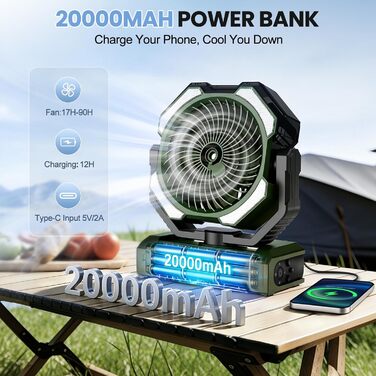 Вентилятор портативний Ateroll 20000 mAh з розпилювачем, USB, пульт, LED, гачок для підвішування - для кемпінгу, дому, тераси, подорожей (Зелений)