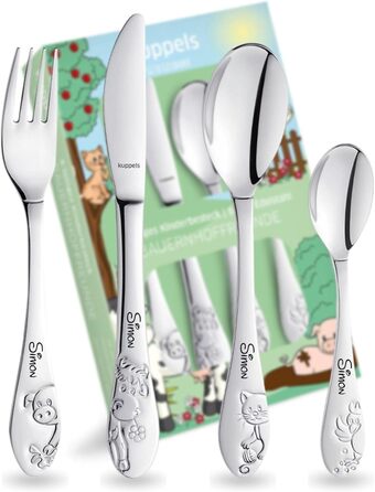 Дитячий столовий прилад Kinderbesteck Bauernhoffreunde з гравіюванням імені - персоналізований столовий прилад - індивідуальний хрещення для хлопчика/дівчинки - унікальний подарунок - набір з 4 частин