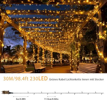 Ланцюжок прикрас для зовнішнього використання, 30м, 230 LED, з пульт дистанційного керування, таймер, 8 режимів, вологостійка гірлянда для декору ялинки, вечірки, саду, шлюбу, тепле біле світло