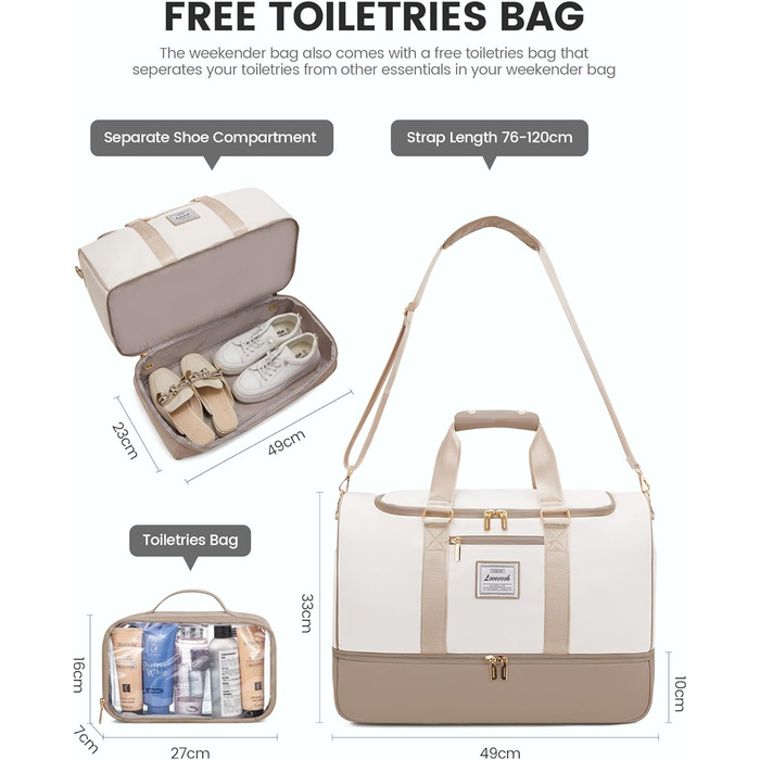 Сумка-мішок LOVEVOOK для подорожей, 37L, жіноча, для ручної поклажі, weekender, з органайзером для косметики, відділенням для взуття та вологонепроникним кишеням, водонепроникна спортивна сумка, пляжна сумка, для відпочинку, авіаперельотів, кемпінгу, M, K