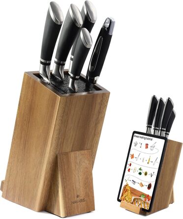 Navaris Knife Block with Smartphone and Tablet Holder - Knife Block without Knives - Multifunctional Kitchen Knife Block Made of Durable Acacia Wood - Washable Bristles