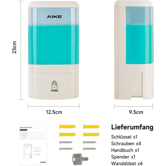 Дозатор мила рідкого AIKE для офісу, промислових приміщень та ванної кімнати, 1200 мл, настінний, з замком, прозорий індикатор