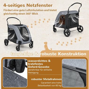 Візок для собак Costway, прогулянковий, розкладний, до 60 кг, сірий, 67x98x121 см