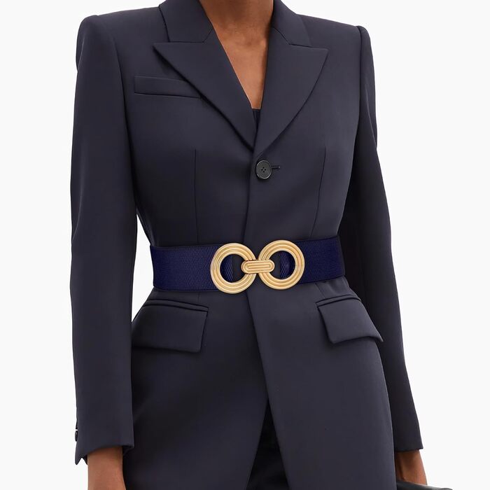 Жіночий широкий еластичний пояс JasGood з блискавкою, смугастий, для суконь та піджаків (Темно-синій, M: об'єм талії 71-80 см)