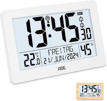 Digital XL Radio Clock with Very Large Numbers | Alarm Clock with 2 Alarm Times and Backlight | Thermometer Hygrometer | Slim Frame Made of Real (White Wood)
