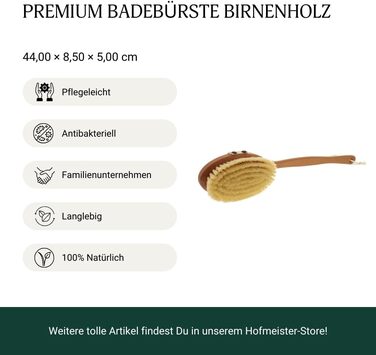 HOFMEISTER® Bath Brush with soft natural bristles, made of pear wood, 44 cm length, Made in Germany