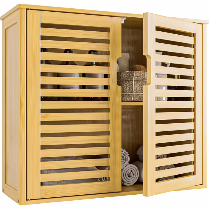 HITNET Bamboo Hanging Cabinet White, Bathroom Wall Cabinet Hanging, Medicine Cabinet over Toilet with Adjustable Shelves, Bathroom Cabinet Wall Mount (Natural)