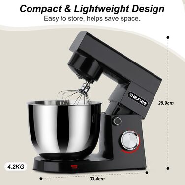 Кухонна машина Cheflee 1500W з чашами 4.5L та 5.5L з нержавіючої сталі, 10+ швидкостей, міксер з гаками для тіста та вінчиком, сплеск-захист (Чорний)