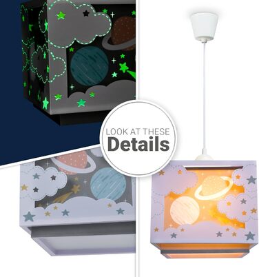 Paco Home Hanging Lamp Children's Room Ceiling Lamp Pendant Light Lampshade Fabric E27 Lion Jungle Glows in the Dark (Planets, Gray)