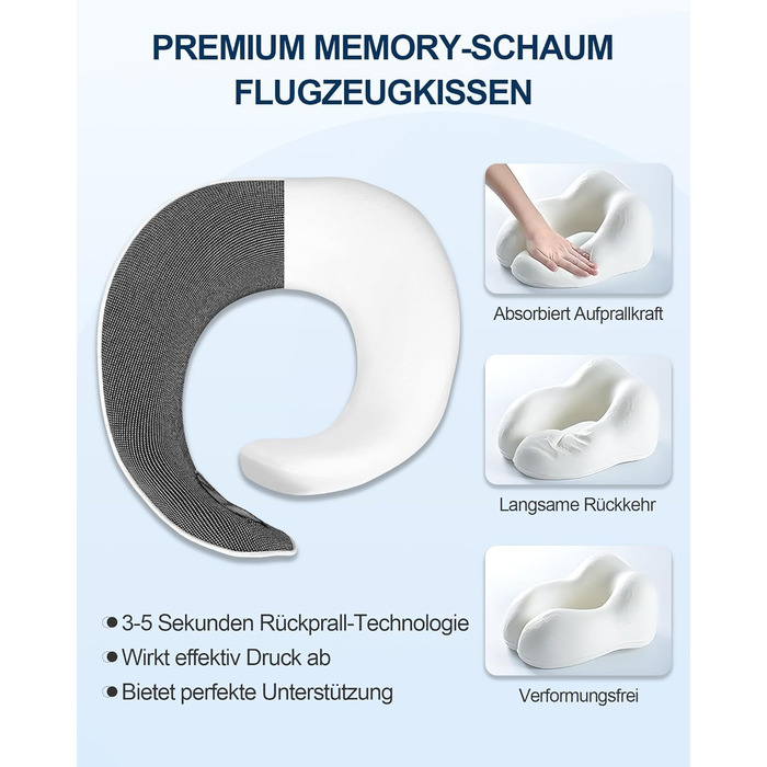 Подушка для шиї в літак, доросла, з піною з пам'яті, регульована та компактна, для автомобіля з навушниками, маскою для сну, чохлом