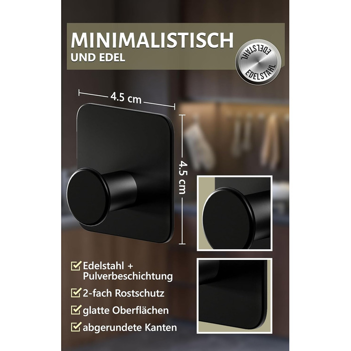 Набір гачків для рушників 4smile - 5 шт. без свердління, чорний колір, для ванної кімнати, самоклеючі, extra-strong, з 3M-клейкими панелями