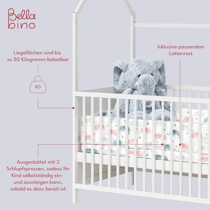 Bellabino Nika Babybett in House Style 70 x 140 cm, crib and house bed for children and babies made of solid pine wood in white, 3-fold height adjustable including slatted frame