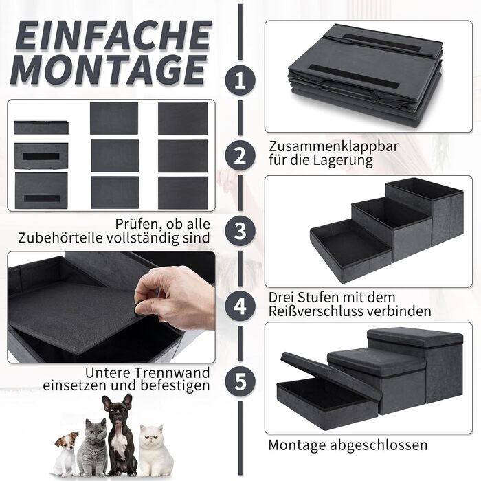 Сходинка для тварин Haustiertreppe: компактна складна сходинка для собак та котів, 3 сходинки, сіра, вантажопідйомність 30 кг