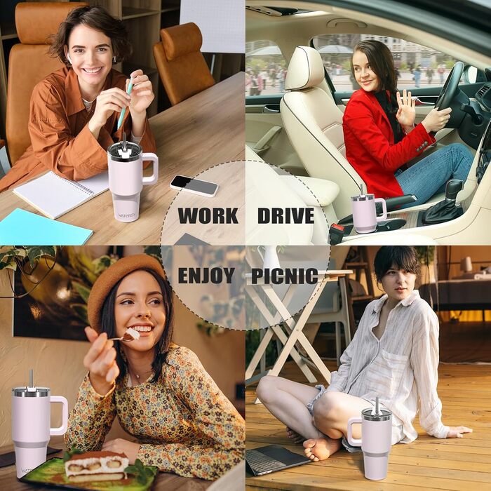 Термокружка WATERSY 40oz з нержавіючої сталі, 591 мл, з подвійними стінками, з ручкою та трубочкою, для гарячих та холодних напоїв (колір: рожевий)