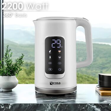 Електричний чайник-заварник зі сталлю, регулювання температури 40-100°C, 1,7 л, 2200 Вт, з підігрівом, LED дисплеєм, без BPA, білий Wanda