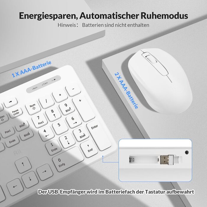 Набір клавіатури та миші Rii (2 шт.) бездротовий, для PC/Laptop/Windows/Smart TV, німецька розкладка, чорний