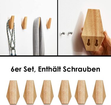 Wmama Matty-LZ 6-Piece Vintage Wooden Hooks, Wood Hangers, 5kg Load Capacity, Wall Hooks, Bathrobe Hooks, Hat Hooks, Clothes Hooks, Multi-Purpose Hooks, Key Hooks (C Wood Color - Set of 6)