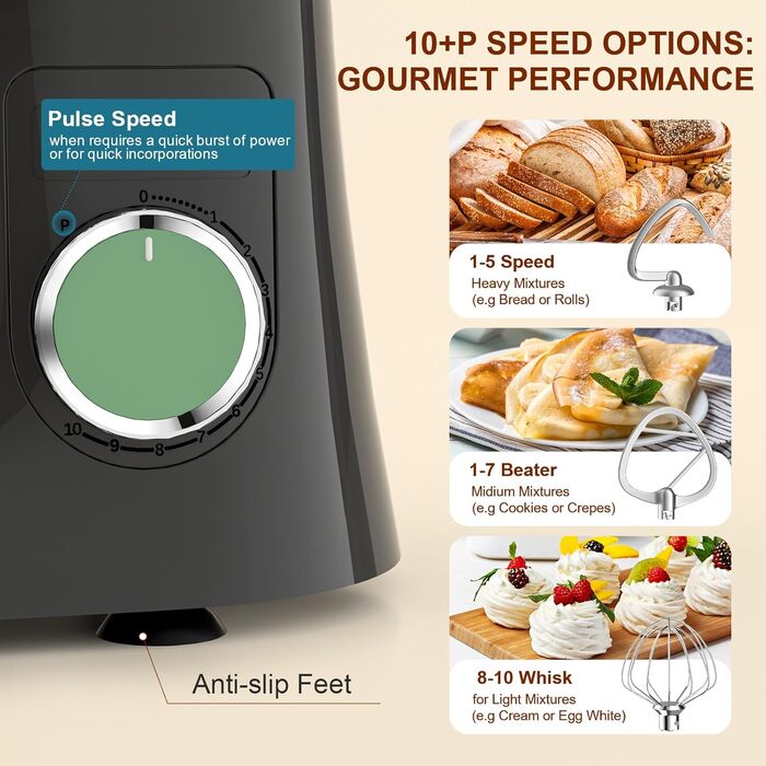 Кухонна машина/міксер Facelle 1500W з 5.5L та 4.5L чашами, 10+ програм, тиха робота, з набором насадок (зелено-сірий)