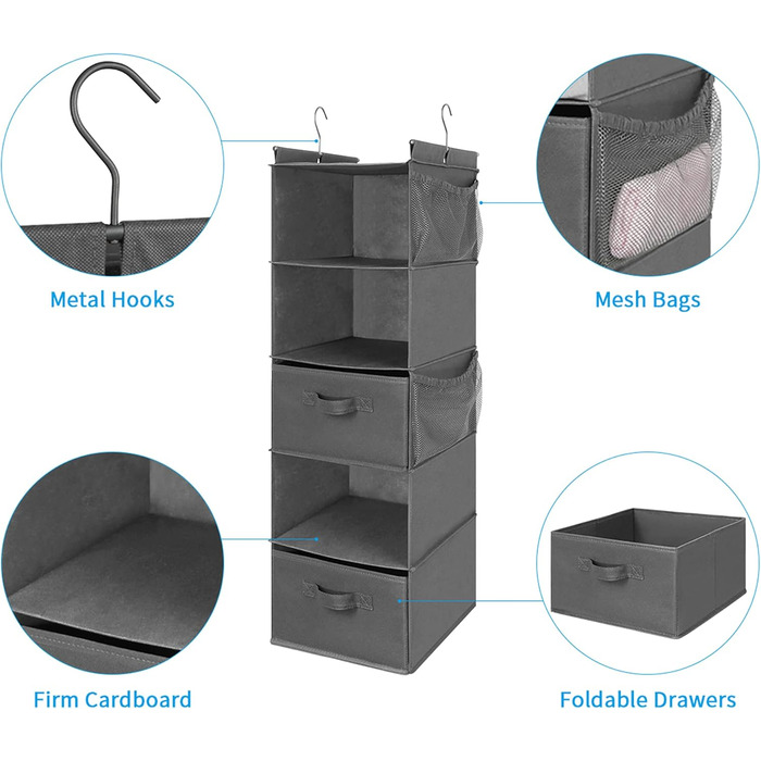 Органайзер для шафи MAX Houser з 5 полицями, навісний, економія місця, з 4 кишенями збоку, складний, бежевий